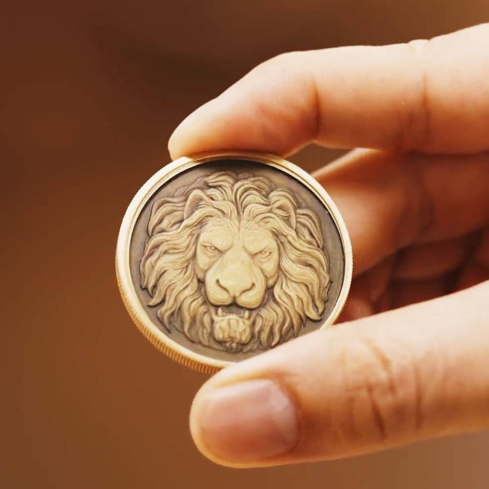 coin engraved with a lion image