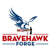 Bravehawk Forge logo with an eagle holding a sword on a white background
