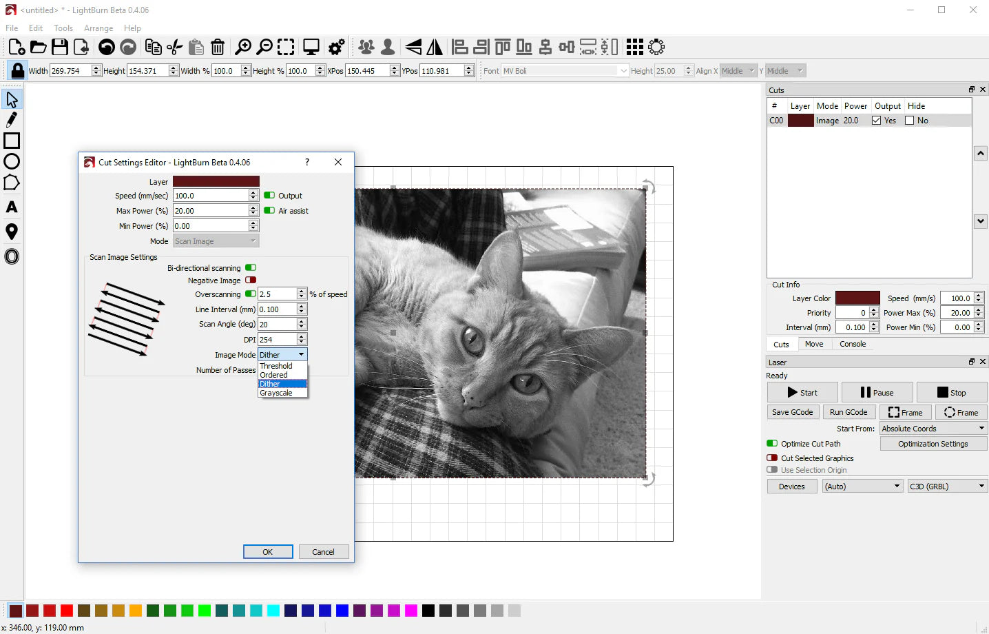 Lightburn interface cat engraving
